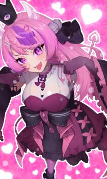 1girl absurdres ahoge bell braid breasts commentary crown demon_girl demon_horns demon_tail dress english_commentary gloves hair_bell hair_ornament heart heart_ahoge heart_hair_ornament highres horns ironmouse large_breasts long_hair looking_at_viewer multicolored_hair open_mouth pink_hair pointing pointing_at_self purple_eyes purple_hair purple_streaks smile streaked_hair tail tsuna_katsuoka virtual_youtuber vshojo white_horns x_hair_ornament