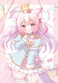 1girl animal_ear_fluff animal_ears asymmetrical_legwear balloon bird blush bow bowtie capelet cat_ears cat_girl commentary_request crown dress easter egg epaulettes eyebrows_hidden_by_hair frilled_capelet frilled_dress frilled_thigh_strap frills grid_background hair_between_eyes hair_ornament hanasakichu hand_up highres indie_virtual_youtuber long_hair long_sleeves looking_at_viewer mini_crown open_mouth original pink_hair red_eyes ribbon sash sleeves_past_wrists smile solo standing tail thigh_strap thighhighs two_side_up virtual_youtuber white_thighhighs wide_sleeves