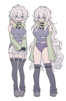 1girl belt black_gloves breasts closed_mouth commentary_request detached_hood detached_sleeves dual_persona fingerless_gloves frown full_body garter_straps gemamamaa genderswap genderswap_(mtf) gloves gnosia green_sleeves grey_shoes grey_shorts hair_between_eyes highres korean_commentary large_breasts leg_warmers leotard long_hair long_sleeves looking_at_viewer multiple_belts purple_eyes remnan_(gnosia) scarf shoes short_hair short_shorts shorts simple_background standing striped_clothes striped_thighhighs thighhighs very_long_hair wavy_hair white_background white_hair