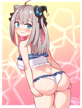 1girl ahoge ass ass_focus ass_support bare_shoulders bikini blue_eyes blush breasts butt_crack cougar_(cougar1404) dimples_of_venus from_behind grey_hair hat huge_ass large_breasts long_hair looking_at_viewer looking_back minihat multicolored_hair pink_hair sideboob smile solo swimsuit