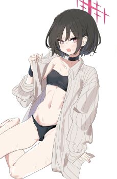 1girl :o absurdres bikini black_bikini black_choker blue_archive blush breasts brown_hair brown_jacket cameltoe candy_moon777 choker commentary_request ear_piercing eyes_visible_through_hair hair_between_eyes hair_over_one_eye halo highres jacket lifting_own_clothes looking_at_viewer misaki_(blue_archive) navel official_alternate_costume piercing red_eyes red_halo short_hair sitting small_breasts solo striped_clothes striped_jacket sweatdrop swimsuit white_background yokozuwari