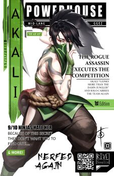 1girl absurdres akali arm_tattoo arm_up artist_logo bar_censor black_hair black_pants brown_eyes censored character_name cover crop_top english_text eyeliner fake_magazine_cover fighting_stance green_mask highres holding holding_weapon kama_(weapon) kuji-in league_of_legends logo looking_at_viewer magazine_cover makeup mask mouth_mask ninja ninja_mask pants ponytail red_eyeliner rivesoulis sickle simple_background solo stomach_tattoo tattoo weapon white_background