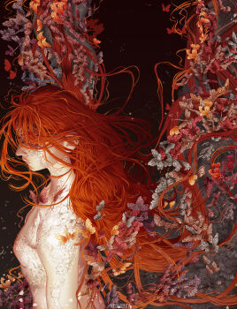 Rule 34 | 1girl, absurdres, artist name, breasts, bug, butterfly, butterfly wings, commentary, dark background, elden ring, english commentary, feblurry, floating hair, from side, hair over eyes, highres, insect, insect wings, long hair, malenia blade of miquella, malenia goddess of rot, red hair, small breasts, solo, too many, too many butterflies, topless female, upper body, wings