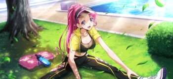 1girl artist_request asymmetrical_bangs bangle black_leggings black_sports_bra blue_eyes blush bottle bracelet breasts bush cleavage clothing_cutout code_geass code_geass:_lost_stories collarbone cropped_jacket cross-laced_clothes cross-laced_leggings dappled_sunlight day drawstring earrings euphemia_li_britannia falling_leaves female_focus game_cg grass happy hat highres hood hood_down hooded_jacket jacket jewelry leaf leggings light_blush light_rays long_hair looking_at_viewer medium_breasts midriff multicolored_hat navel necklace non-web_source official_art on_ground open_clothes open_jacket open_mouth outdoors outstretched_arm pink_hair ponytail pool see-through_clothes see-through_jacket shoes short_sleeves sitting smile sneakers socks solo sparkle sports_bra sportswear spread_legs stomach stretching stud_earrings sunlight sweat towel tree under_tree visor_cap water_bottle white_shoes white_socks yellow_jacket zipper