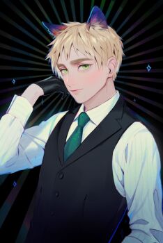 1boy animal_ears axis_powers_hetalia black_background black_gloves black_vest blonde_hair blush buttons cat_ears closed_mouth collared_shirt commentary_request gloves green_eyes green_necktie hand_up huacai kemonomimi_mode lapels lips long_sleeves looking_at_viewer male_focus necktie puffy_long_sleeves puffy_sleeves shirt short_hair smile solo sparkle_background striped_background united_kingdom_(hetalia) vest white_shirt