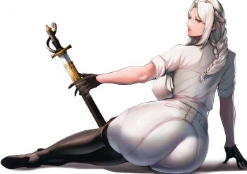 1girl ass back backboob black_boots boots braid breasts from_behind half_up_braid high-waist_pants highres holding holding_sword holding_weapon large_breasts long_hair looking_back original pants scabbard sheath shirt short_sleeves sitting sleeves_rolled_up sword thigh_boots tight_clothes tight_pants unsheathed weapon white_pants white_shirt yokozuwari z_enatsu