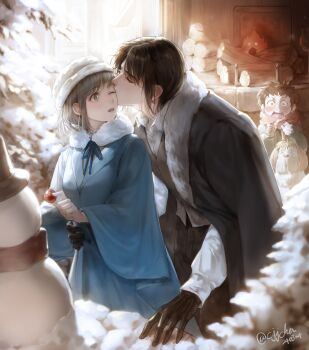 1girl 2boys arm_around_waist black_gloves black_hair blue_coat blurry blurry_foreground blush brown_eyes brown_hair calcifer child cjjcha clenched_hands closed_eyes coat coat_on_shoulders collared_shirt couple dog fireplace fur-trimmed_coat fur_trim gloves grey_hair hat heen hetero highres howl_no_ugoku_shiro howl_pendragon kiss kissing_cheek log looking_at_another markl medium_hair multiple_boys one_eye_closed open_mouth parted_lips pine_tree scarf shirt short_hair snowman sophie_hatter_(howl_no_ugoku_shiro) top_hat tree twitter_username upper_body vest waistcoat white_fur white_hair white_shirt wide-eyed wide_sleeves winter_clothes