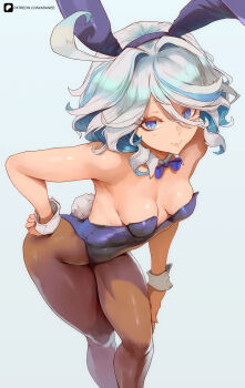 1girl alternate_costume animal_ears araneesama blue_bow blue_bowtie blue_eyes blue_hair blue_leotard bow bowtie breasts brown_pantyhose closed_mouth commentary detached_collar english_commentary fake_animal_ears fake_tail furina_(genshin_impact) genshin_impact grey_hair hair_between_eyes highres leaning_forward leotard medium_hair multicolored_hair pantyhose playboy_bunny rabbit_ears rabbit_tail small_breasts smile solo strapless strapless_leotard tail white_background white_wrist_cuffs wrist_cuffs