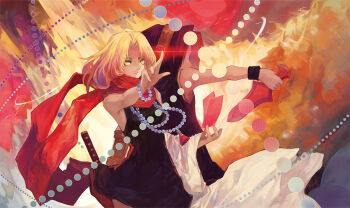 1boy 1girl asakura_yoh bare_arms bare_shoulders bead_bracelet bead_necklace beads bird black_dress black_vest blonde_hair bracelet breasts brown_hair closed_mouth commentary commentary_request cowboy_shot dress english_commentary headphones holding holding_knife holding_ofuda holding_unworn_clothes holding_weapon jacket jewelry katana knife kyouyama_anna lens_flare looking_at_viewer medium_hair mixed-language_commentary necklace no_eyes ofuda orange_sky orange_trim outstretched_arm parted_bangs prayer_beads red_scarf scarf screen shaman_king sheath sheathed sknana sky small_breasts standing sword talisman unworn_jacket vest weapon white_bird white_jacket wind yellow_eyes