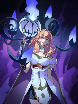 1girl absurdres armor armored_gloves aura black_skirt breastplate cape celica_(fire_emblem) celica_(imprisoned_soul)_(fire_emblem) chandelier chandelure choker commission commissioner_upload corruption dark_aura dark_persona dress duma_(fire_emblem) earrings evil_smile fingerless_gloves fire fire_emblem fire_emblem_echoes:_shadows_of_valentia fusenryo gen_5_pokemon ghost gloves highres intelligent_systems jewelry long_hair looking_at_viewer nintendo orange_eyes orange_hair pokemon pokemon_(creature) possessed possession princess purple_fire red_eyes red_hair sidelocks skeb_commission skirt smile solo tiara white_armor white_choker white_dress witch yellow_eyes