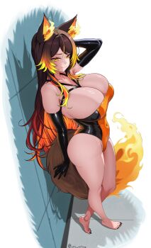 1girl absurdres alternate_costume animal_ears barefoot black_gloves black_nails breasts brown_hair cleavage closed_mouth colored_inner_hair elbow_gloves gloves hashtag-only_commentary highres indie_virtual_youtuber large_breasts lars_artbro looking_at_viewer multicolored_hair nail_polish one-piece_swimsuit orange_eyes orange_hair orange_one-piece_swimsuit sinder_(vtuber) smile solo streaked_hair swimsuit tail toenail_polish toenails two-tone_hair virtual_youtuber wolf_ears wolf_girl wolf_tail