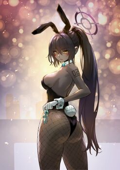 1girl absurdres animal_ears ass bare_shoulders black_hair black_leotard blue_archive blue_bow blue_bowtie blush bow bowtie breasts commentary cowboy_shot dark-skinned_female dark_skin detached_collar diagram_(purpleicegram) fishnet_pantyhose fishnets from_behind from_side gloves hair_between_eyes halo high_ponytail highres karin_(blue_archive) karin_(bunny)_(blue_archive) large_breasts leotard light_particles long_hair looking_at_viewer looking_back official_alternate_costume pantyhose parted_lips playboy_bunny ponytail rabbit_ears rabbit_tail shoulder_tattoo sideboob solo tail tattoo very_long_hair white_gloves wrist_cuffs yellow_eyes