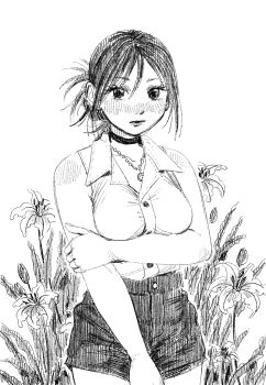 1girl black_choker black_hair blush breasts chainsaw_man choker cowboy_shot flower grenade_pin heidi_(heytherenrds) highres medium_breasts monochrome reze_(chainsaw_man) shirt short_hair short_shorts shorts sketch sleeveless sleeveless_shirt