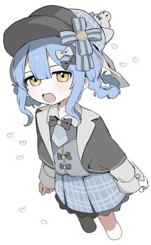 1girl bird_hat_ornament black_bow black_bowtie black_hat blue_hair blue_skirt blush bow bowtie braid braided_hair_rings commentary_request cropped_legs deerstalker hair_bow hair_rings hat heart highres kunoichi_kazuhito_(kuno_kazu) long_sleeves looking_at_viewer mahou_shoujo_no_majo_saiban medium_hair open_mouth plaid_clothes plaid_skirt sidelocks simple_background skirt solo tachibana_sherry white_background white_bow yellow_eyes