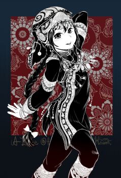 1girl braid chinese_commentary clothing_request commentary_request dress flat_chest floral_print greyscale_with_colored_background headscarf highres jewelry long_hair looking_at_viewer mimit necklace original smile solo