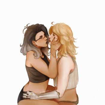 2girls ahoge black_hair black_lips black_nails black_tank_top blonde_hair crop_top curtained_hair deadlock_(valorant) ear_piercing eyebrow_cut face_piercing facial_mark fade_(valorant) from_side gradient_hair hand_on_another's_face hand_on_another's_hip henna highres looking_at_another makeup medium_hair mole mouth_piercing multicolored_hair multiple_girls multiple_moles nose_piercing nose_ring panties piercing prosthesis prosthetic_arm shirt simple_background sitting sitting_on_lap sitting_on_person sleeveless tank_top taoravell twitter_username underwear valorant white_background white_shirt yuri