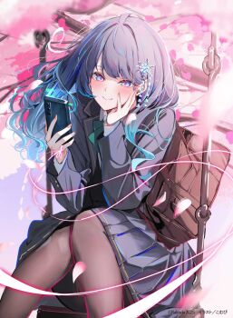 Rule 34 | 1girl, artist name, black jacket, black pantyhose, black skirt, blazer, blue eyes, blue hair, blush, cellphone, cherry blossoms, closed mouth, commentary request, copyright name, cover, cover page, dark blue hair, feet out of frame, hair ornament, hand on own cheek, hand on own face, head rest, hidaka mikoto, highres, holding, holding phone, jacket, komupi, long hair, long sleeves, looking at phone, novel cover, official art, on swing, pantyhose, petals, phone, pink pupils, pleated skirt, shujinkou no osananajimi ga wakiyaku no ore ni guigui kuru, sitting, skirt, smartphone, solo, string, string of fate, swing