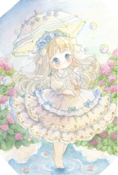 1girl absurdres barefoot blonde_hair blue_eyes dress flower full_body highres holding holding_umbrella hydrangea long_hair original outdoors painting_(medium) puddle solo standing tato_(kunikida-3) traditional_media umbrella watercolor_(medium) white_dress