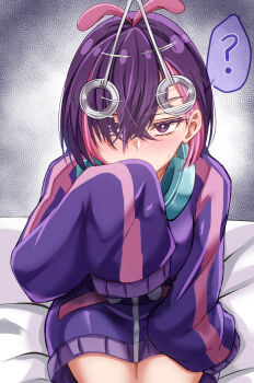 1girl ? afterimage bright_pupils coin commentary covering_own_mouth dot_(pokemon) hair_over_one_eye hand_up headphones highres holed_coin hypnosis jacket mind_control motion_lines nintendo ophis_(scaith) pendulum pleated_skirt pokemon pokemon_(anime) pokemon_horizons purple_eyes purple_jacket purple_skirt sitting skirt sleeves_past_fingers sleeves_past_wrists solo spoken_question_mark string white_pupils