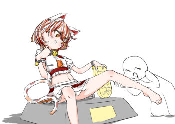 1girl ^_^ ^q^ animal_ears bare_legs barefoot bell calico_(pattern) cat_ears cat_girl cat_tail closed_eyes coin crop_top gold goutokuji_mike highres jingle_bell koban_(gold) maneki-neko midriff multicolored_hair multicolored_shirt multicolored_skirt multicolored_tail navel neck_bell orange_eyes patch patchwork_clothes short_hair sitting skirt stomach streaked_hair tail touhou white_hair yazato_ichimushi