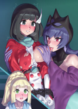 3girls bellelba_(pokemon) black_eyes black_hair blonde_hair blush bound bound_wrists braid breasts chain covered_erect_nipples detached_sleeves gloves grabbing_another's_breast green_eyes groping highres lactation large_breasts licking licking_nipple lillie_(pokemon) long_hair medium_hair mizuumi_(bb) molestation multiple_girls nintendo nipple_stimulation nipples open_mouth pokemon pokemon_bw2 pokemon_masters_ex pokemon_sm pokestar_studios ponytail purple_hair red_eyes sabrina_(pokemon) selene_(pokemon) selene_(special_costume)_(pokemon) sweat tongue torn_clothes yuri