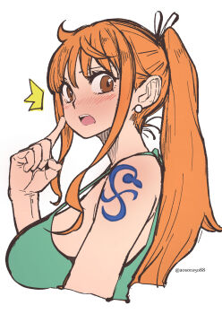 1girl ^^^ alternate_costume alternate_hairstyle aosora2823 bare_shoulders blush breasts brown_eyes camisole commentary_request cropped_torso earrings finger_to_cheek from_side green_camisole high_ponytail highres jewelry large_breasts long_hair looking_at_viewer nami_(one_piece) one_piece open_mouth orange_hair pearl_earrings ponytail shoulder_tattoo sidelocks solo surprised tattoo twitter_username upper_body white_background