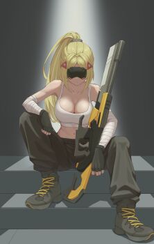 1girl absurdres bandaged_arm bandages bare_shoulders black_boots black_pants blindfold_mask blonde_hair boots breasts covered_eyes fingerless_gloves gloves glowing_mask gun gunblade hair_ornament hand_on_own_knee highres long_hair mask navel on_stairs pants ponytail rifle serious sniper_rifle solo stairs tank_top triangle_hair_ornament trigger_(zenless_zone_zero) vulphree weapon white_tank_top zenless_zone_zero