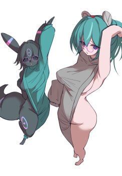 absurdres blue_hair body_markings brooklyn_sweater gen_2_pokemon glasses hair_ornament highres indie_virtual_youtuber kuromikii_(vtuber) markings multiple_girls nintendo non-web_source pokemon simple_background umbreon virtual_youtuber ye_(pixiv83975537)