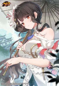 1girl absurdres bare_shoulders black_hair breasts china_dress chinese_clothes closed_mouth commentary dress english_commentary floating_hair flower hair_flower hair_ornament highres holding holding_umbrella hua_yubai large_breasts long_hair looking_at_viewer mahjong_soul official_art orange_eyes outdoors rain renian second-party_source short_sleeves solo umbrella very_long_hair white_dress