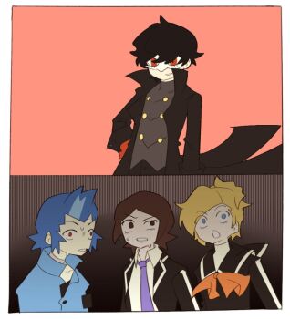 1girl 3boys amamiya_ren black_coat black_hair black_jacket blazer blonde_hair blue_eyes blue_hair blue_shirt brown_eyes brown_hair coat collared_shirt commentary_request domino_mask eye_mask hand_on_own_hip in-franchise_crossover jacket joker_(persona_5) korean_commentary lisa_silverman long_sleeves mask mishina_eikichi multiple_boys necktie open_mouth persona persona_2 persona_5 pink_background purple_necktie red_eyes sasibowol school_uniform seven_sisters_high_school_uniform shirt short_hair simple_background smile standing suou_tatsuya sweat upper_body white_mask white_shirt