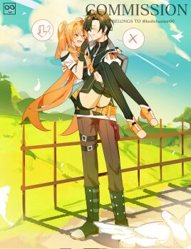 1boy 1girl ahoge artist_logo bike_shorts black_thighhighs bluemishelam blush boots carrying commentary commission curtained_hair double-parted_bangs eiyuu_densetsu embarrassed english_commentary english_text estelle_bright floating_hair full_body grasslands hair_between_eyes hair_intakes hajimari_no_kiseki highres jacket joshua_bright logo long_hair open_mouth outdoors pants parted_bangs princess_carry red_eyes shoes short_hair shorts smile sneakers speech_bubble thighhighs twintails