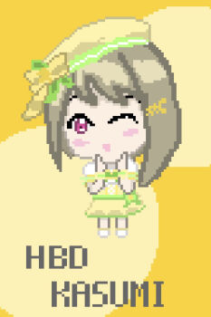 1girl 8-bit ;) artist_name artist_request bare_legs beret blush boots bow bowtie breasts brown_hair newsboy_cap chibi clothing_cutout collarbone crescent crescent_earrings crescent_hair_ornament criss-cross_halter cross-laced_clothes cross-laced_dress cross-laced_top diamond_(love_live!) double_horizontal_stripe dress dress_bow earrings feathers female_focus finger_to_cheek fingers_to_cheeks fingersmile footwear_bow frilled_cuffs frilled_dress frilled_skirt frilled_sleeves frills full_body green_bow green_ribbon grey_hair hair_ornament halterneck hat hat_bow hat_feather hat_ribbon heart heart_print high_heel_boots high_heels jewelry lace lace-trimmed_dress lace_trim light_brown_hair looking_at_viewer love_live! love_live!_nijigasaki_high_school_idol_club love_live!_school_idol_festival miniskirt nakasu_kasumi one_eye_closed parted_lips pink_eyes plaid_clothes plaid_dress plaid_skirt pleated pleated_dress pleated_skirt puffy_short_sleeves puffy_sleeves purple_eyes ribbon short_hair short_sleeves shoulder_cutout skirt smile solo standing star_(symbol) star_hair_ornament white_boots white_dress white_feathers wink wrist_cuffs yellow_background yellow_bow yellow_dress yellow_hat yellow_ribbon yellow_skirt yellow_wrist_cuffs