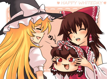 Rule 34 | 2girls, ascot, blonde hair, bow, braid, brown hair, detached sleeves, english text, closed eyes, female focus, gift, hair bow, hair ribbon, hair tubes, hakurei reimu, hat, japanese clothes, kirisame marisa, long hair, miko, multiple girls, namuro, open mouth, red eyes, ribbon, smile, text focus, touhou, white day, witch, witch hat, yukkuri shiteitte ne