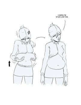 anger_vein annoyed arrow_(symbol) belly caramangio english_text frown greyscale hair_between_eyes highres midriff mole mole_above_mouth monochrome navel office_lady original pencil_skirt plump sequential single_hair_intake sketch skirt white_background