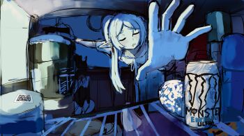 2girls alaniz_(lafertealanis) aura_(sousou_no_frieren) closed_eyes demon_horns earrings elf frieren highres horns jewelry monster_energy multiple_girls nightgown open_mouth pointy_ears purple_hair qr_code refrigerator_interior sleepy sousou_no_frieren white_hair white_nightgown