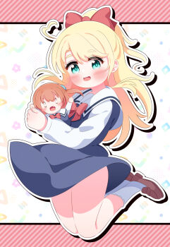 1girl :3 ahoge aqua_eyes blonde_hair blue_dress blush bow bowtie brown_shoes character_doll doll dress eyes_visible_through_hair hair_bow heart heart_ahoge high_ponytail himesaka_noa holding holding_stuffed_toy hoshino_hinata jumping lace-trimmed_socks lace_trim long_hair long_sleeves looking_at_viewer open_mouth ponytail r245 red_bow red_bowtie school_uniform shirt shoes sleeveless sleeveless_dress smile socks stuffed_animal stuffed_toy watashi_ni_tenshi_ga_maiorita! white_background white_shirt white_socks wind wind_lift