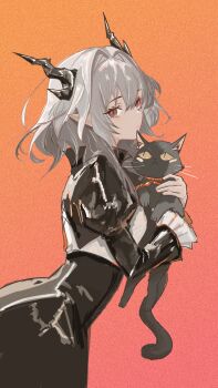 1girl ampatit animal arknights black_cat black_dress black_horns cat chinese_commentary commentary_request dress frilled_sleeves frills gradient_background grey_eyes grey_hair hair_between_eyes hair_intakes highres holding holding_animal holding_cat horns juliet_sleeves long_sleeves medium_hair miss_christine_(arknights) orange_background pointy_ears puffy_sleeves solo talulah_(arknights)