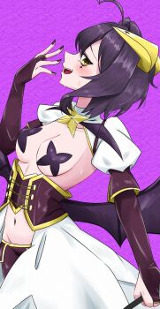 1girl absurdres ahoge arm_up blush breasts bridal_gauntlets commentary corset demon_wings highres horns magia_baiser magical_girl mahou_shoujo_ni_akogarete nail_polish navel open_mouth pasties purple_background purple_corset purple_hair short_hair small_breasts solo star_(symbol) teeth uekku0_uekku1 upper_teeth_only wings yellow_eyes