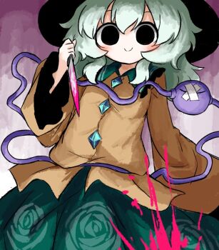 1girl bandaid bandaid_on_eye black_eyes black_hat blood bloody_knife buttons diamond_button eyeball floral_print frilled_shirt_collar frilled_sleeves frills green_hair green_skirt hat heripantomorrow holding holding_knife knife komeiji_koishi pink_blood rose_print shirt skirt smile third_eye touhou wide_sleeves yellow_shirt