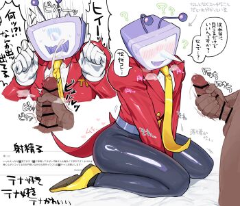 2boys ? ant_tenna bar_censor belt belt_buckle between_legs black_pants blush buckle censored collared_shirt crt cum dark-skinned_male dark_skin deltarune ejaculation gloves grey_belt hand_between_legs highres long_nose male_focus male_masturbation masturbation multiple_boys multiple_views necktie object_head p_ch3c00h pants penis pointy_nose precum shirt speech_bubble sweat tailcoat utdr_(toby_fox) veins veiny_penis white_gloves white_shirt yaoi yellow_necktie