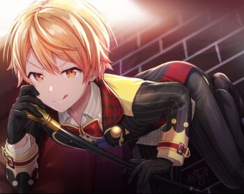 1boy ass black_jacket black_shoes blonde_hair bow bowtie cane collared_shirt hair_between_eyes jacket long_sleeves looking_at_viewer male_focus matsunashi_noe multicolored_hair official_alternate_costume official_style parody potato_ni_natte_iku_(vocaloid) project_sekai red_bow shirt shoes short_hair solo style_parody tenma_tsukasa tongue two-tone_hair v-shaped_eyebrows vest yellow_eyes zenryoku!_wonder_halloween!_(project_sekai)
