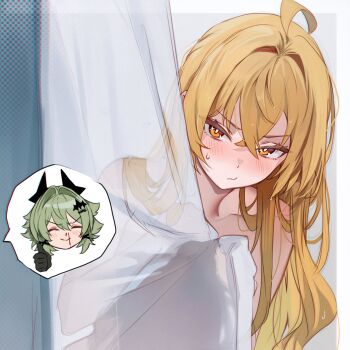2girls absurdres ahoge aroused_nosebleed blonde_hair blood blush caesar_king_(zenless_zone_zero) curtains dirresponsibly gloves green_hair hair_between_eyes highres long_hair luciana_de_montefio multiple_girls nosebleed see-through_silhouette thumbs_up yellow_eyes zenless_zone_zero