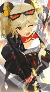Rule 34 | 1girl, absurdres, black jacket, black skirt, black tube top, blonde hair, breasts, burnice white, cleavage, eyewear on head, flamethrower, from above, hand on own hip, highres, holding, holding flamethrower, holding weapon, jacket, looking at viewer, one eye closed, open mouth, red-tinted eyewear, skirt, solo, spiked belt, spiked jacket, strapless, sunglasses, tinted eyewear, tube top, two side up, watermark, weapon, weibo watermark, yuyin rina, zenless zone zero