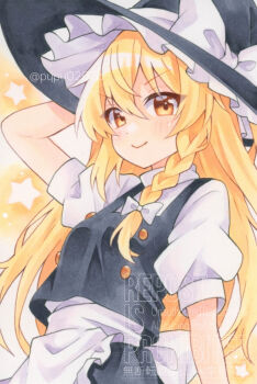 1girl apron back_bow black_hat black_skirt black_vest blonde_hair blush bow braid breasts closed_mouth commentary hair_bow hat hat_bow highres kirisame_marisa long_hair looking_at_viewer puffy_short_sleeves puffy_sleeves short_sleeves side_braid single_braid skirt smile solo star_(symbol) touhou traditional_media twitter_username very_long_hair vest waist_apron watermark white_bow witch_hat yellow_eyes yuiki_(cube)