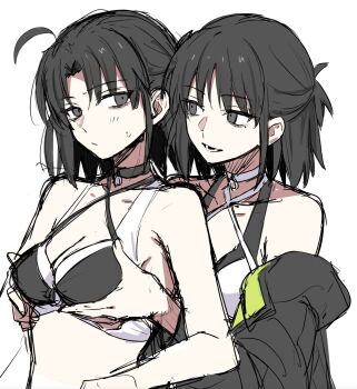 2girls bikini black_choker black_eyes black_hair breasts choker commentary_request egomeshi fate/grand_order fate_(series) groping highres jacket looking_at_another medium_breasts multicolored_bikini multiple_girls open_clothes open_jacket ryougi_shiki ryougi_shiki_(swimsuit_mooncancer)_(first_ascension) short_hair simple_background swimsuit two-tone_bikini white_choker