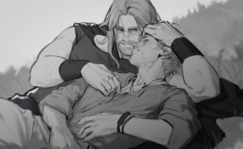 2boys arm_behind_head beard bracelet cape commentary couple facial_hair grass greyscale guardians_of_the_galaxy hashtag-only_commentary highres jewelry limach-an long_hair looking_at_another looking_to_the_side lying male_focus marvel mature_male monochrome multiple_boys muscular muscular_male on_back on_grass on_side pants peter_quill short_hair stubble symbol-only_commentary thor_(marvel) thor_(marvel)_(series) white_background yaoi