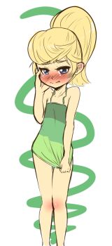 1girl animification bare_shoulders blonde_hair blue_eyes blush child cindy_vortex closed_mouth clothes_pull covering_crotch covering_privates embarrassed feet_out_of_frame female_focus green_shirt hand_on_own_cheek hand_on_own_face jimmy_neutron jimmy_neutron_(series) knees_together_feet_apart loli looking_at_viewer no_pants nose_blush okamaka ponytail pulling_own_clothes shirt shirt_pull shirt_tug simple_background sleeveless sleeveless_shirt solo spaghetti_strap standing thighs white_background