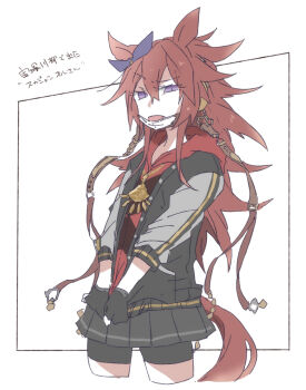 Rule 34 | 1girl, animal ears, beer hsk, bike shorts, black gloves, black jacket, black shorts, black skirt, blue ribbon, bow, brown hair, commentary request, cropped legs, ear ribbon, fang, gloves, hair between eyes, half-closed eyes, hood, hood down, hoodie, horse ears, horse girl, horse tail, jacket, long hair, long sleeves, mask, mask pull, mouth mask, open clothes, open jacket, open mouth, orfevre (old design) (umamusume), pleated skirt, purple eyes, red hoodie, ribbon, shorts, shorts under skirt, simple background, skirt, solo, tail, umamusume, very long hair, white background