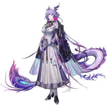 Rule 34 | 1girl, arknights, black jacket, black shoes, boots, breasts, colored skin, dragon girl, dragon horns, dragon tail, dress, earrings, full body, high heel boots, high heels, highres, horns, jacket, jacket on shoulders, jewelry, jun (arknights), large breasts, long hair, official art, pointy ears, pom pom (clothes), pom pom earrings, purple eyes, purple hair, second-party source, shoes, tail, transparent background, white dress