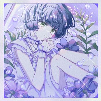 1girl absurdres aru_(sinsekai) black_flower black_hair border bubble choker commentary_request criss-cross_halter dress facial_mark feet_out_of_frame film_grain flower frilled_choker frilled_cuffs frills gem green_eyes grey_border halterneck haruhana_aya highres interlocked_fingers kamitsubaki_studio knees_up nail_polish own_hands_clasped own_hands_together parted_lips pearl_(gemstone) pink_nails purple_background short_hair simple_background sinsekai_record sitting solo sparkle white_dress white_flower white_wrist_cuffs wrist_cuffs